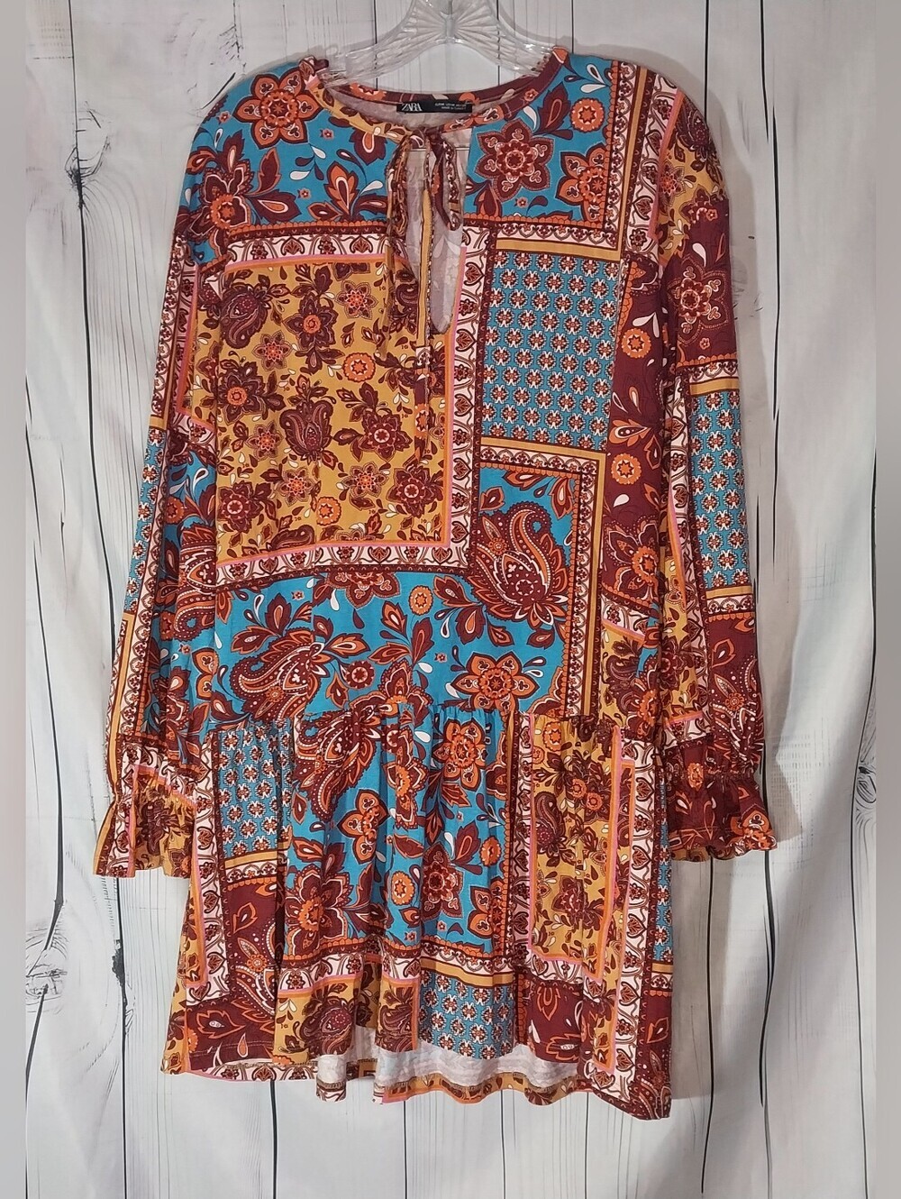 Zara Boho Patchwork Paisley Long Sleeve Hippie Retro Swing Mini Dress